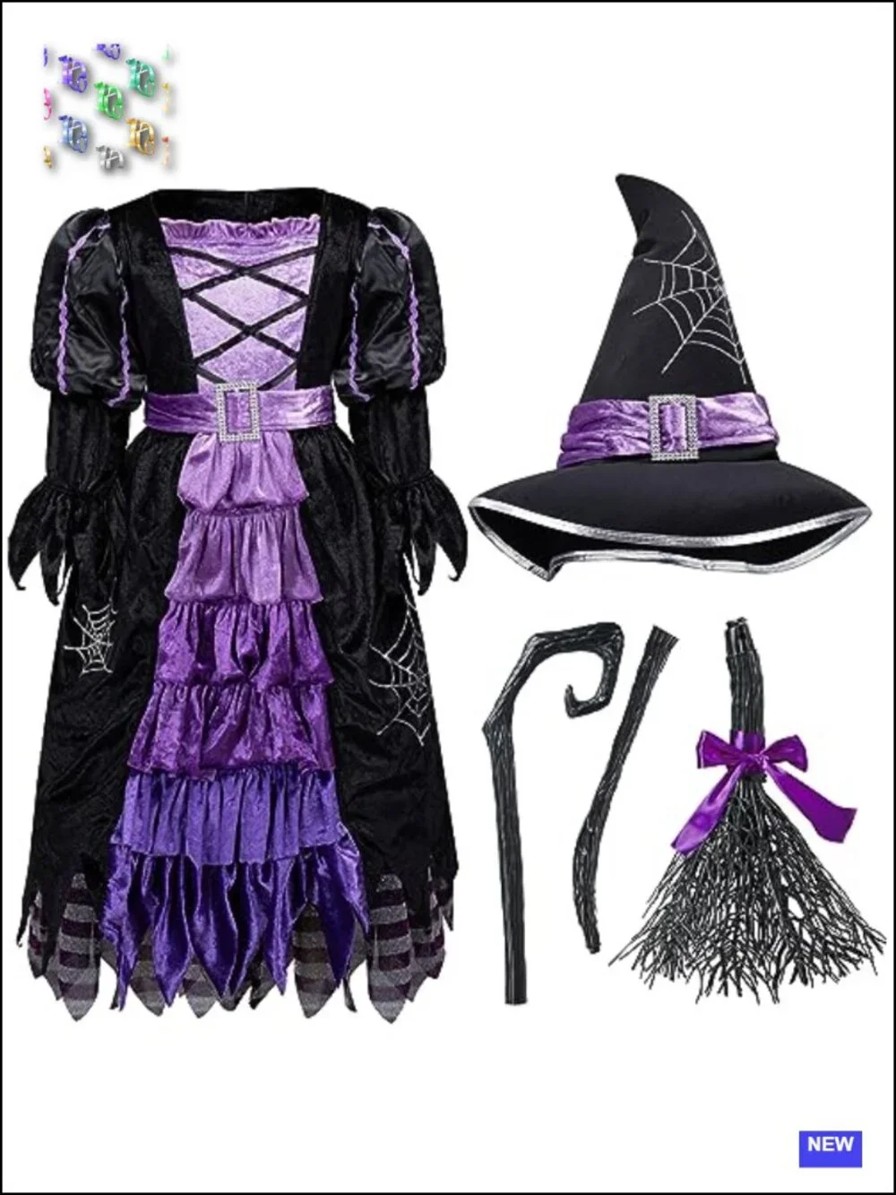 Toddler Girls Deluxe Witch Costume Set with Broom, Full Skirted Dress and Hat
